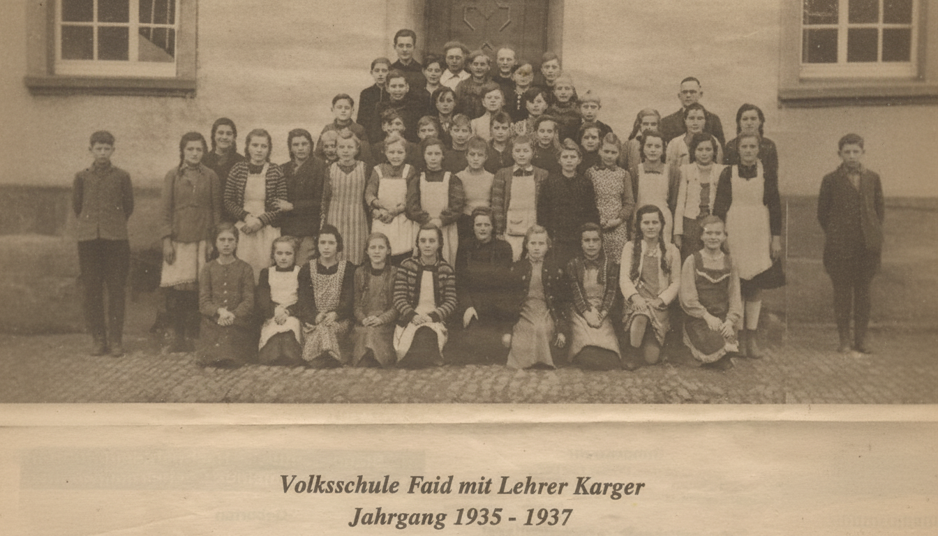 Historisches Klassenfoto der Volksschule Faid mit Lehrer Karger, Jahrgang 1935 bis 1937